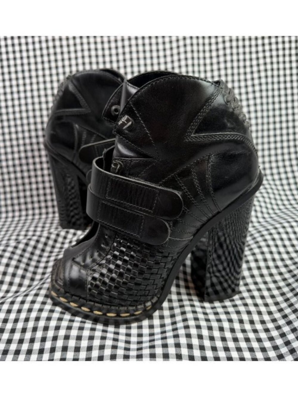 Proenza Schouler Peep Toe Booties EU 36.5 Black Leather Woven Heel Boots Goth